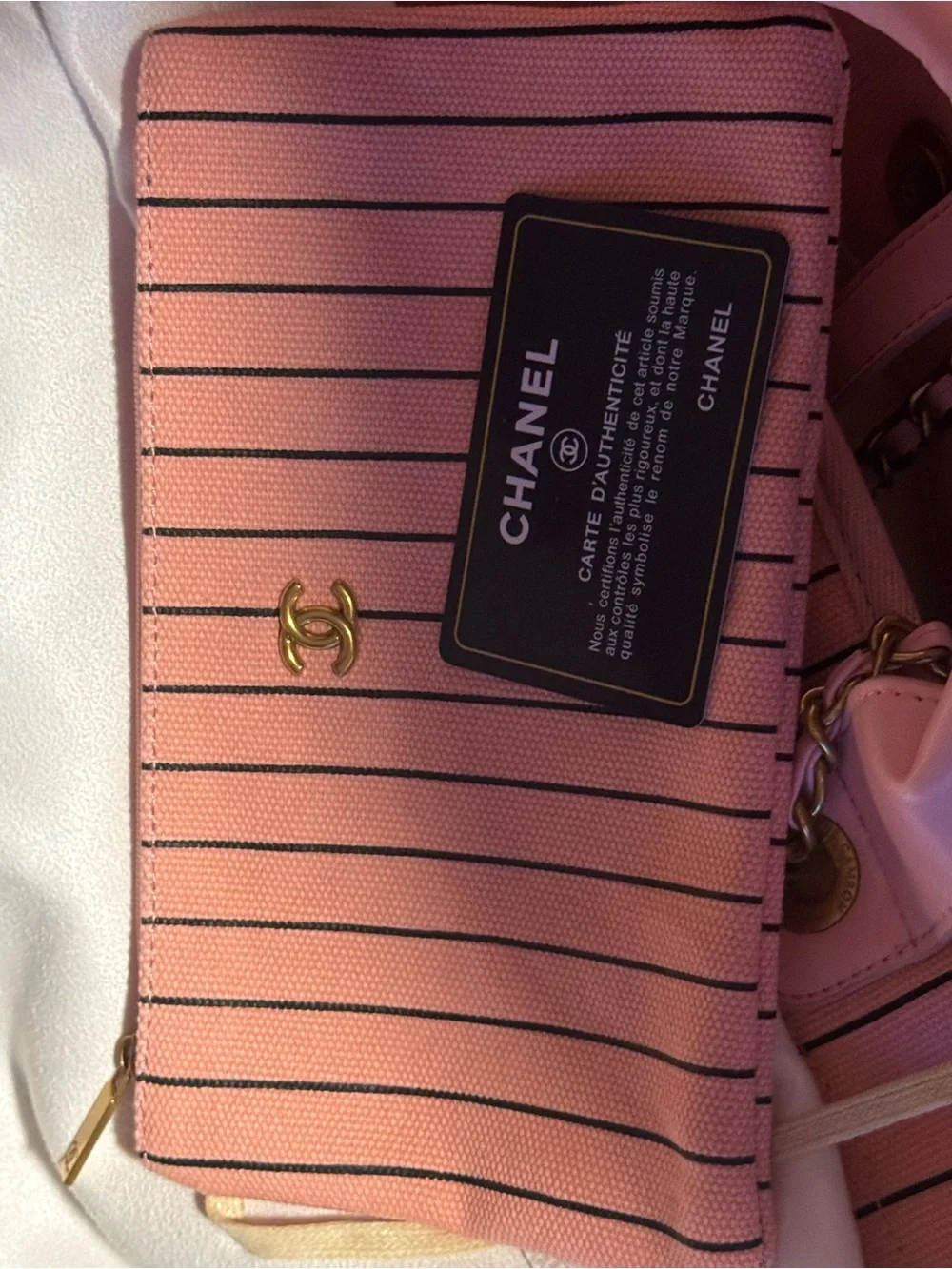 Chanel Pink Striped Canvas Tote with Chain Strap